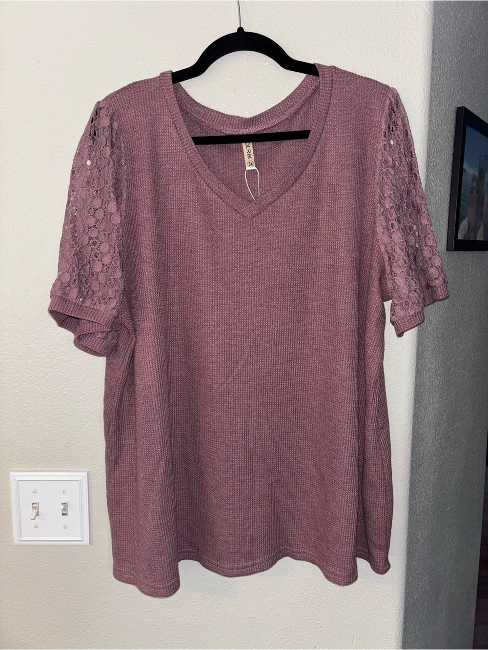 OLRIK Mauve Purple Waffle Knit Lace Short Sleeve V-Neck Top 3X